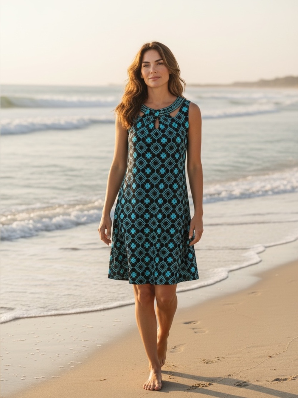 Magnolia Grace Sleeveless Dress Size M Shift Knit Stretch Teal Black Print